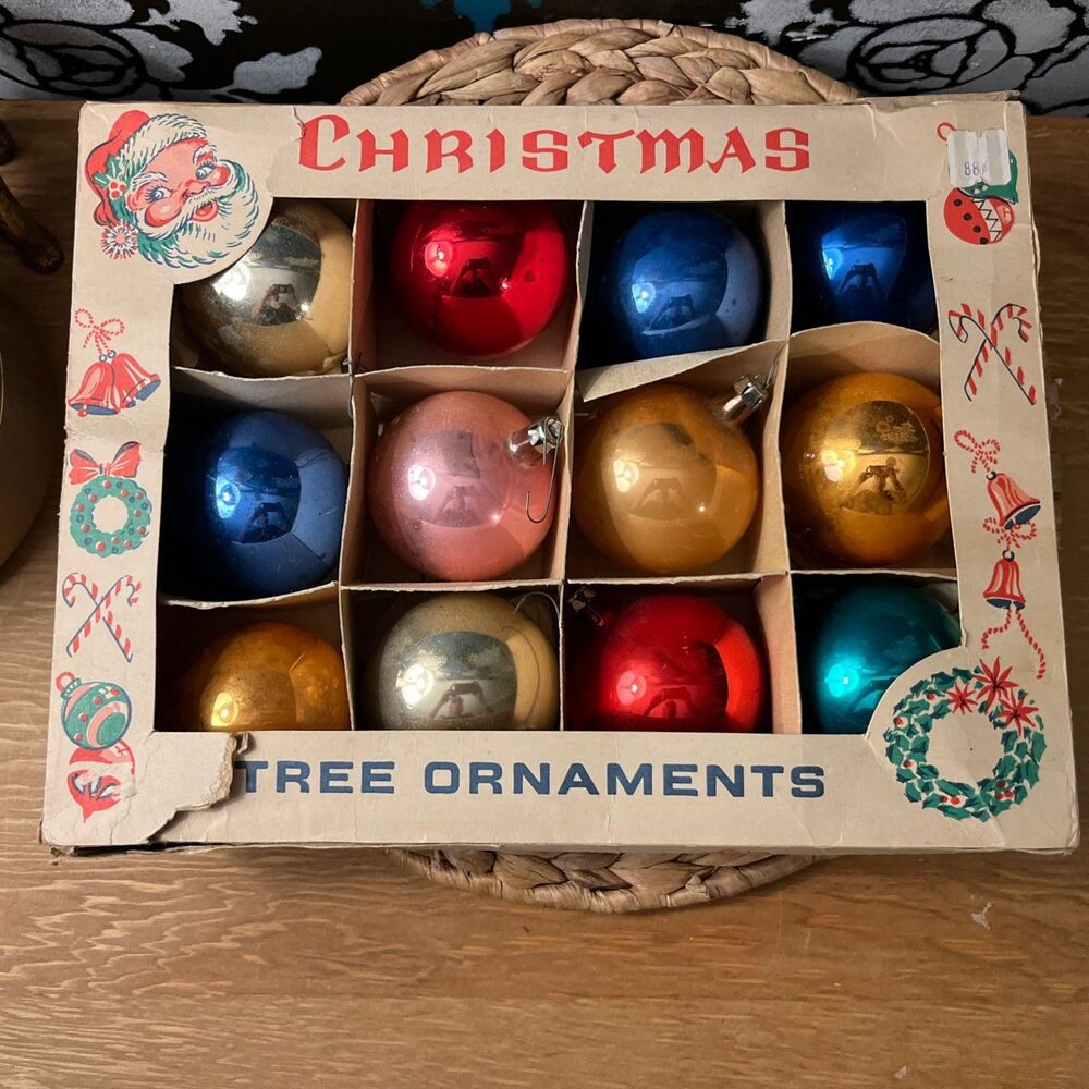Vintage 1950’s Polish Glass Christmas Ornaments Set 12 Original Box MCM